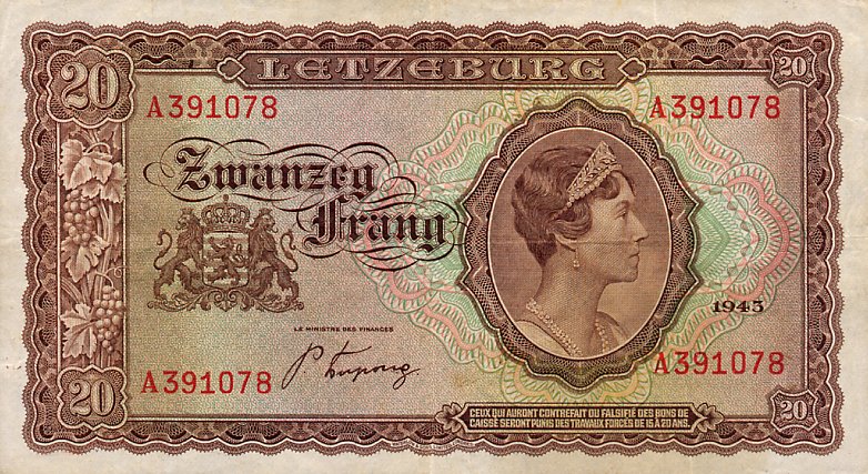 Front of Luxembourg p42a: 20 Frang from 1943