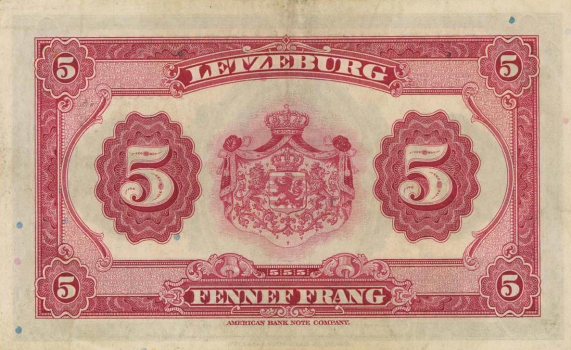 Back of Luxembourg p43b: 5 Francs from 1944