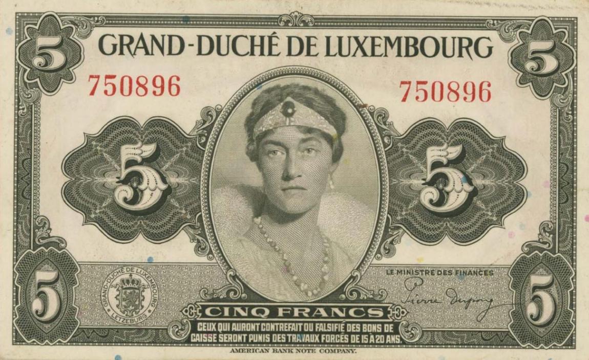 Front of Luxembourg p43b: 5 Francs from 1944