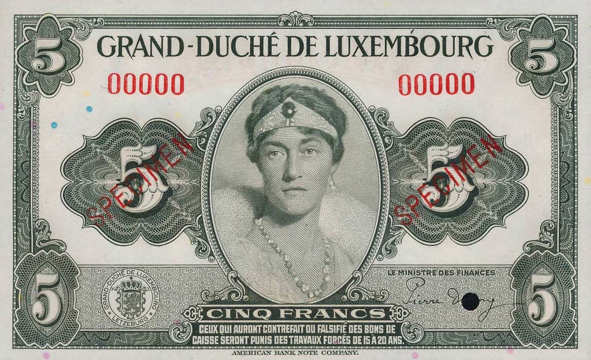 Front of Luxembourg p43s: 5 Francs from 1944