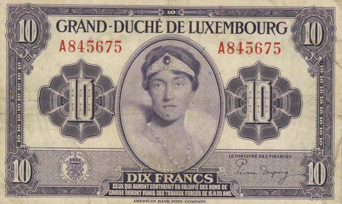 Front of Luxembourg p44a: 10 Francs from 1944