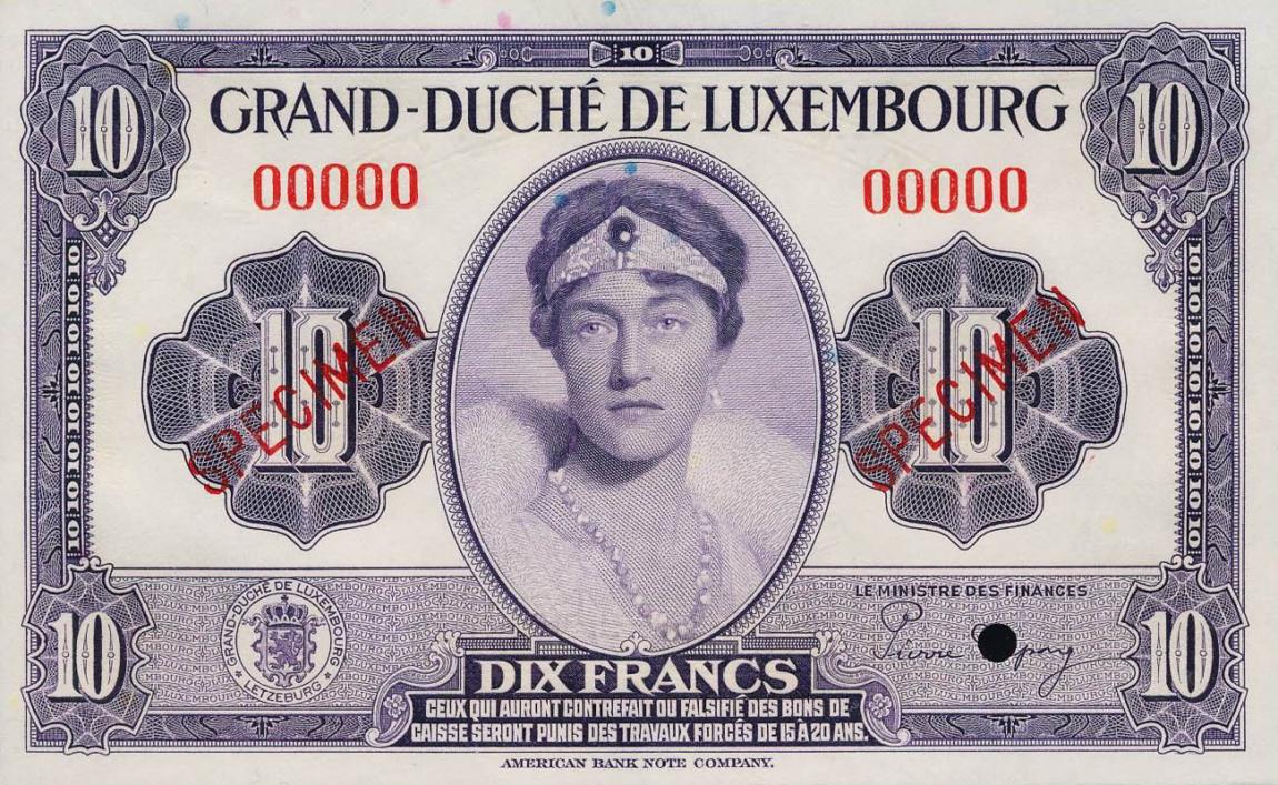 Front of Luxembourg p44s: 10 Francs from 1944