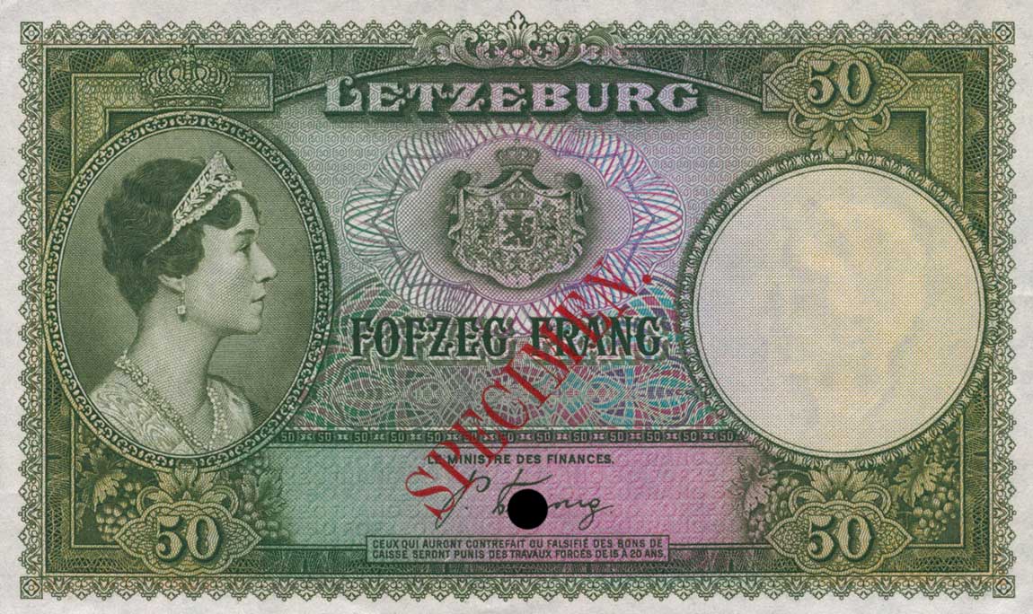 Front of Luxembourg p45s: 50 Francs from 1944