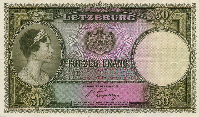 Front of Luxembourg p46a: 50 Francs from 1944