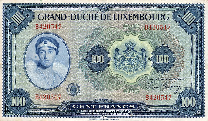 Front of Luxembourg p47a: 100 Francs from 1944