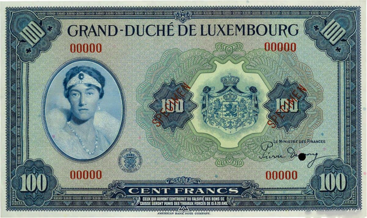 Front of Luxembourg p47s: 100 Francs from 1944