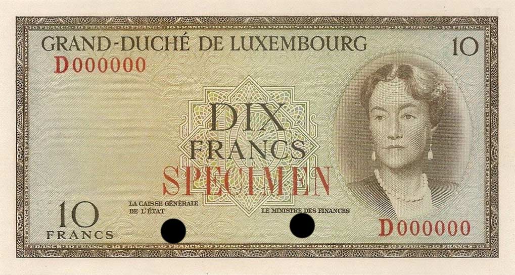 Front of Luxembourg p48s: 10 Francs from 1954