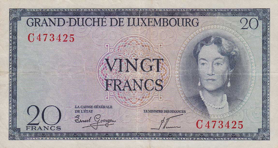 Front of Luxembourg p49a: 20 Francs from 1955