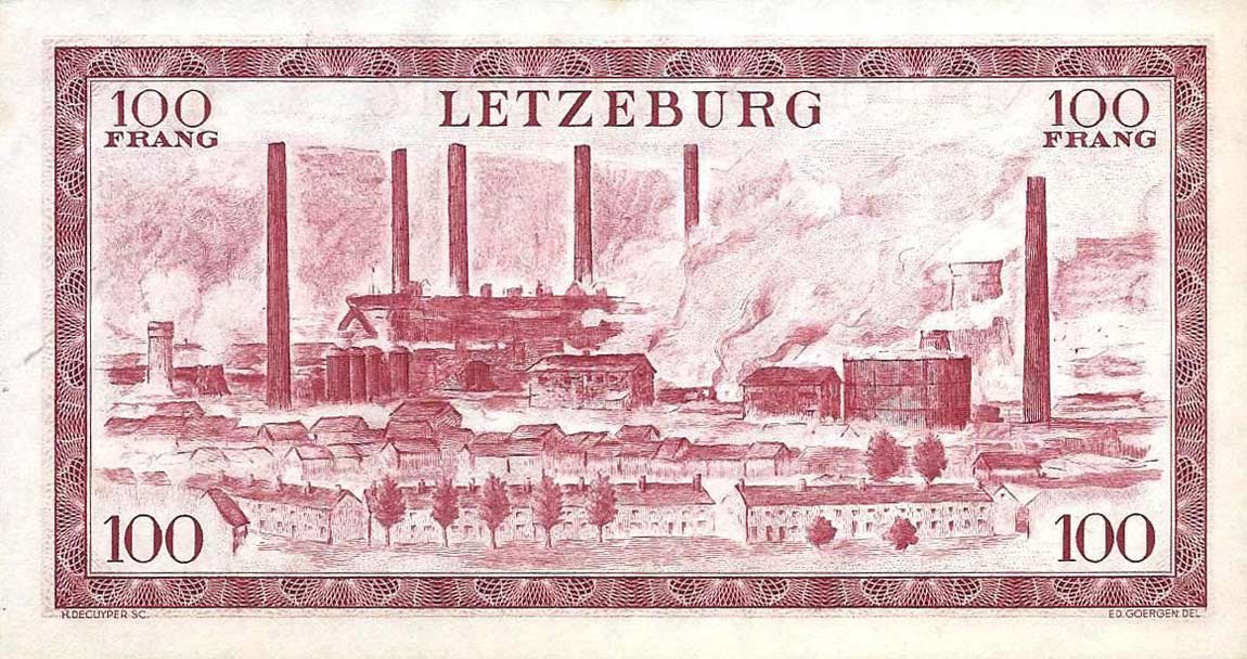 Back of Luxembourg p50a: 100 Francs from 1956