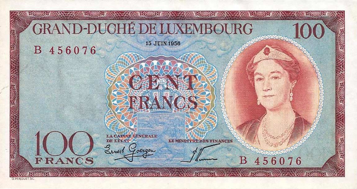 Front of Luxembourg p50a: 100 Francs from 1956