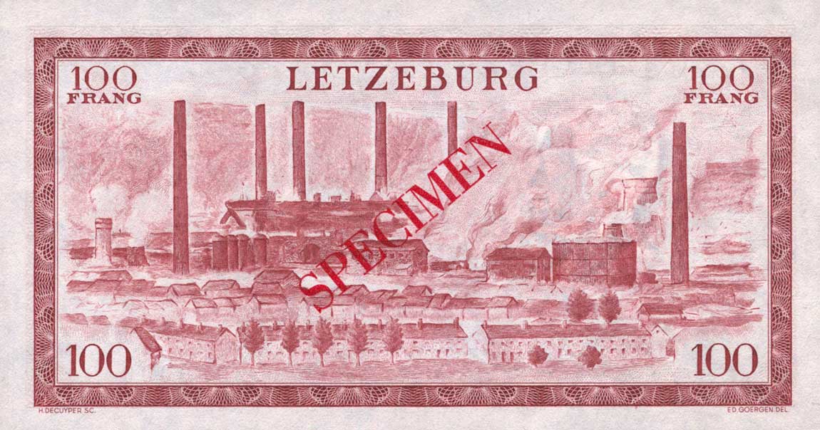 Back of Luxembourg p50s: 100 Francs from 1956