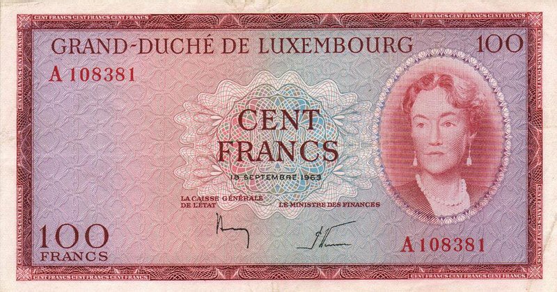 Front of Luxembourg p52a: 100 Francs from 1963