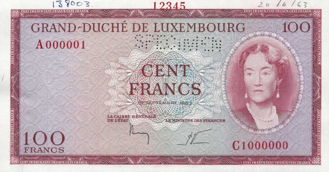 Front of Luxembourg p52s: 100 Francs from 1963