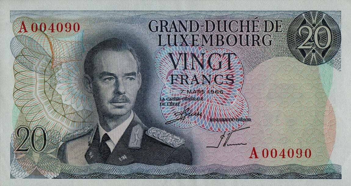 Front of Luxembourg p54b: 20 Francs from 1966