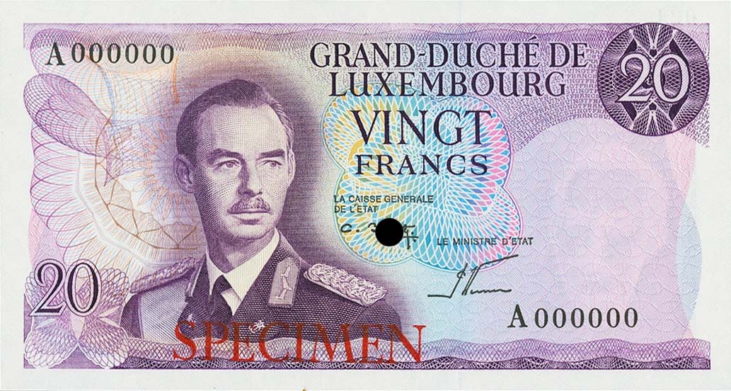 Front of Luxembourg p54ct: 20 Francs from 1966