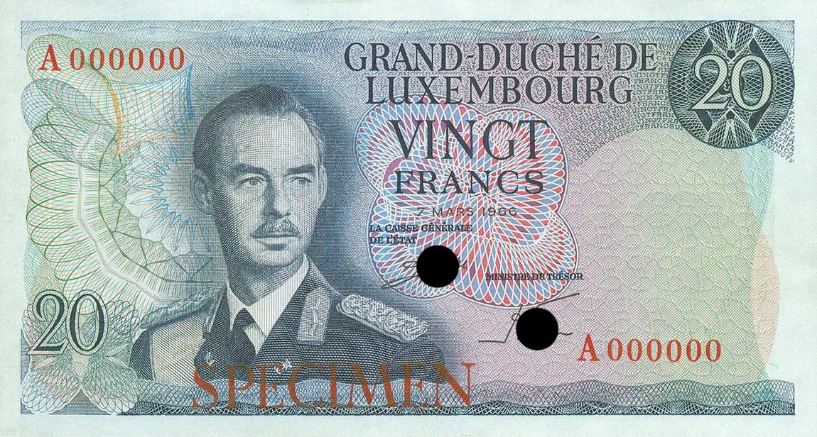 Front of Luxembourg p54s: 20 Francs from 1966