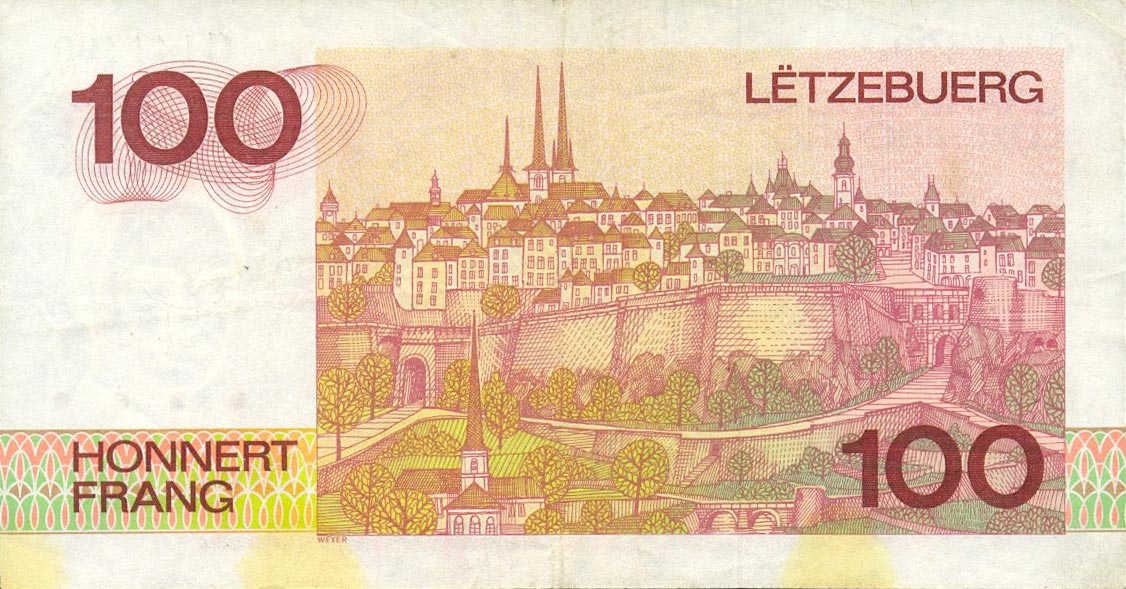 Back of Luxembourg p57a: 100 Francs from 1980