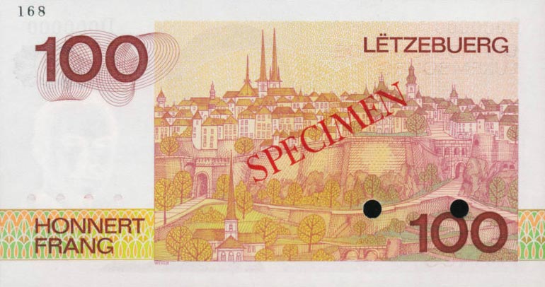 Back of Luxembourg p57s: 100 Francs from 1980