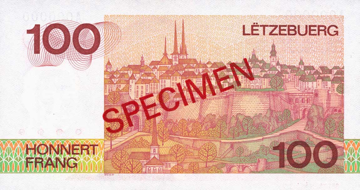 Back of Luxembourg p58s: 100 Francs from 1986