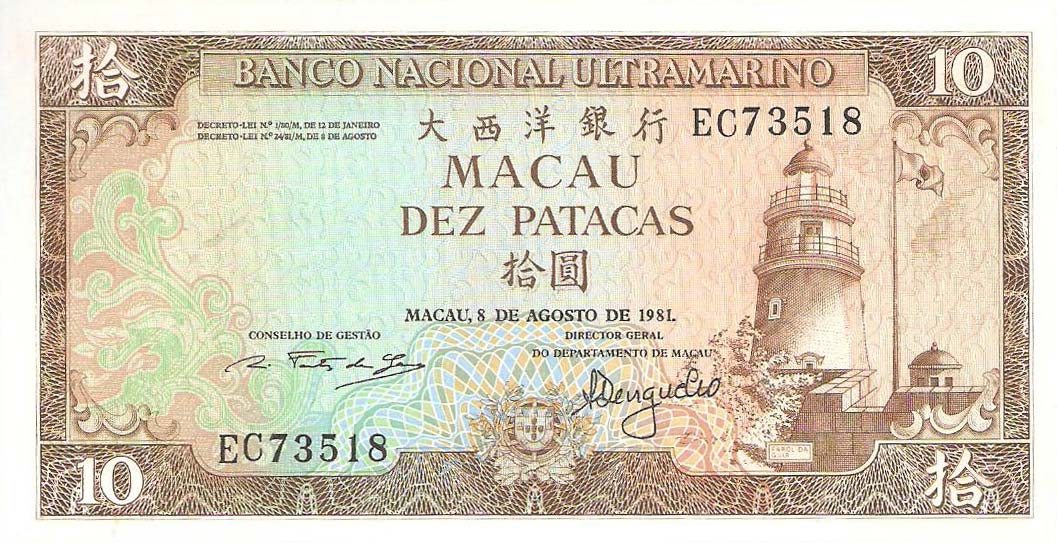 Front of Macau p59b: 10 Patacas from 1981