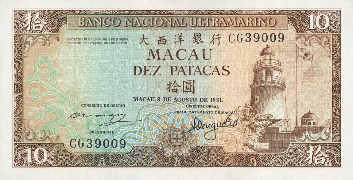 Front of Macau p59a: 10 Patacas from 1981