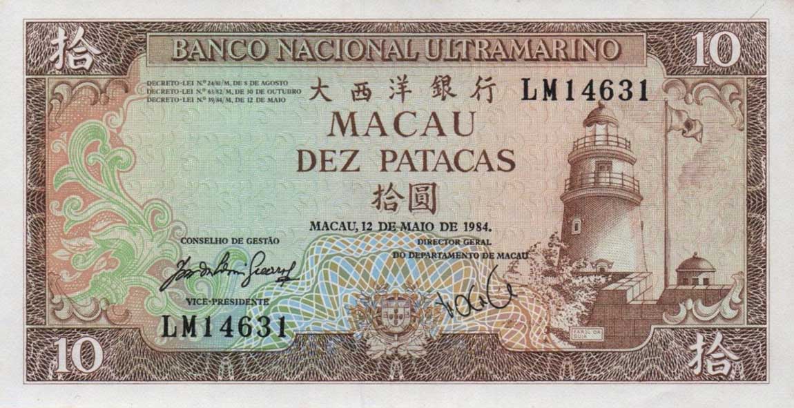 Front of Macau p59d: 10 Patacas from 1984