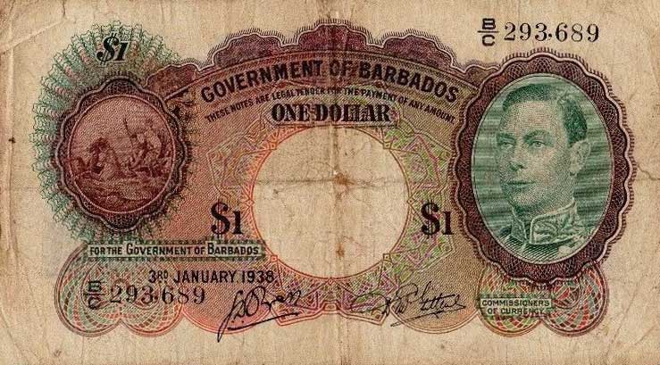 Front of Barbados p2a: 1 Dollar from 1938