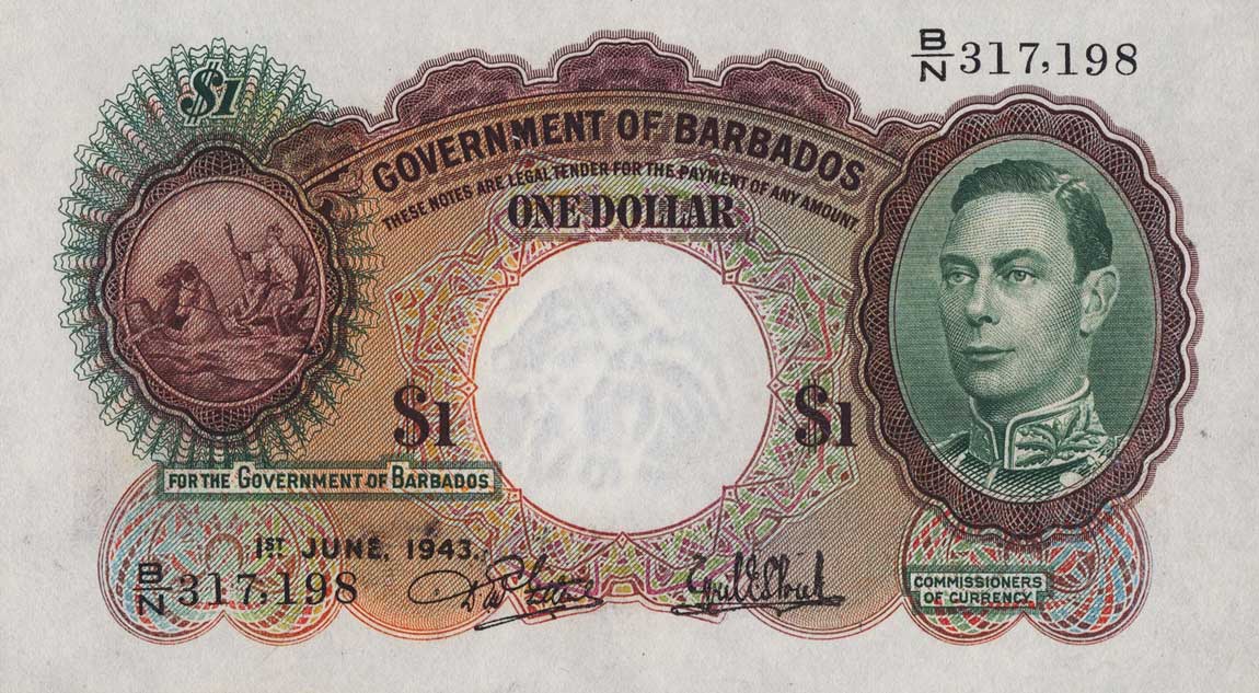 Front of Barbados p2b: 1 Dollar from 1939
