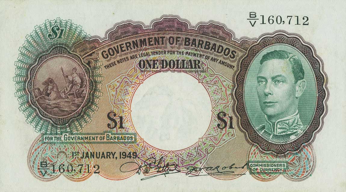 Front of Barbados p2c: 1 Dollar from 1949