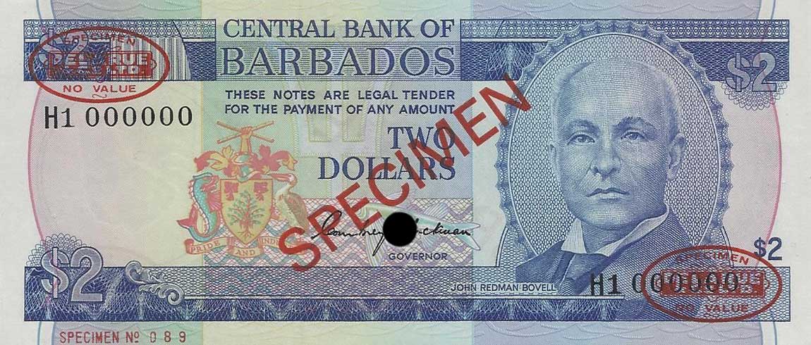 Front of Barbados p30s: 2 Dollars from 1980