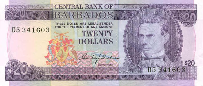 Front of Barbados p34a: 20 Dollars from 1973