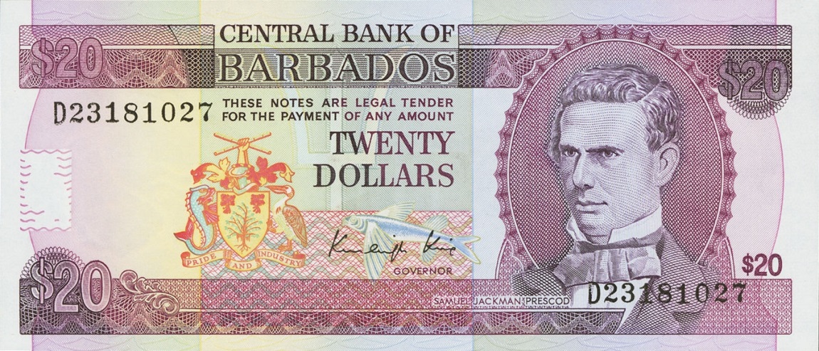 Front of Barbados p39: 20 Dollars from 1988