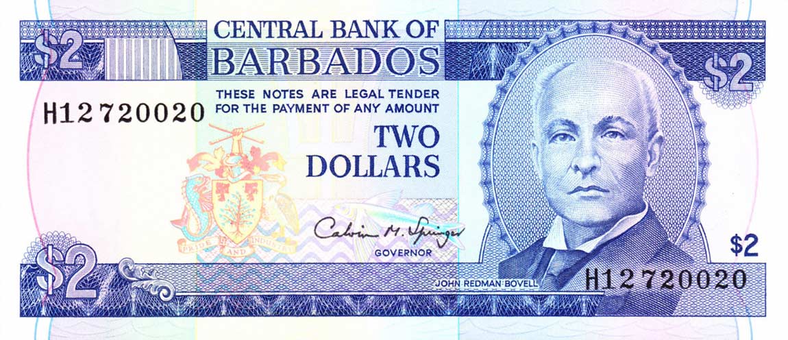 Front of Barbados p42: 2 Dollars from 1993