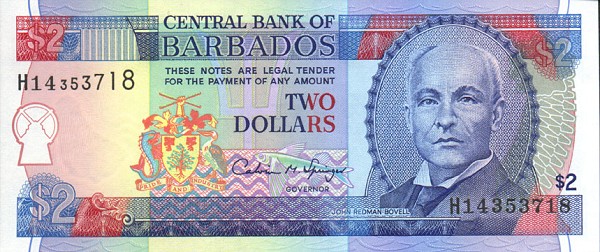 Front of Barbados p46: 2 Dollars from 1995