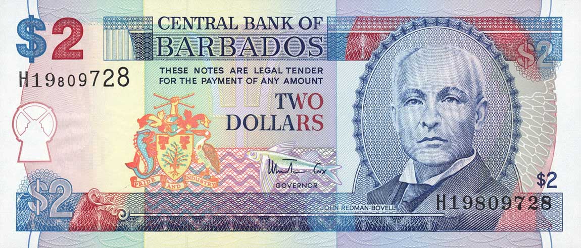 Front of Barbados p54a: 2 Dollars from 1998