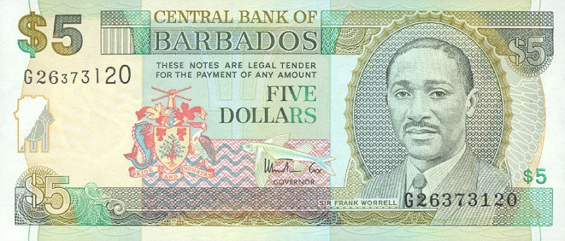 Front of Barbados p55: 5 Dollars from 1999