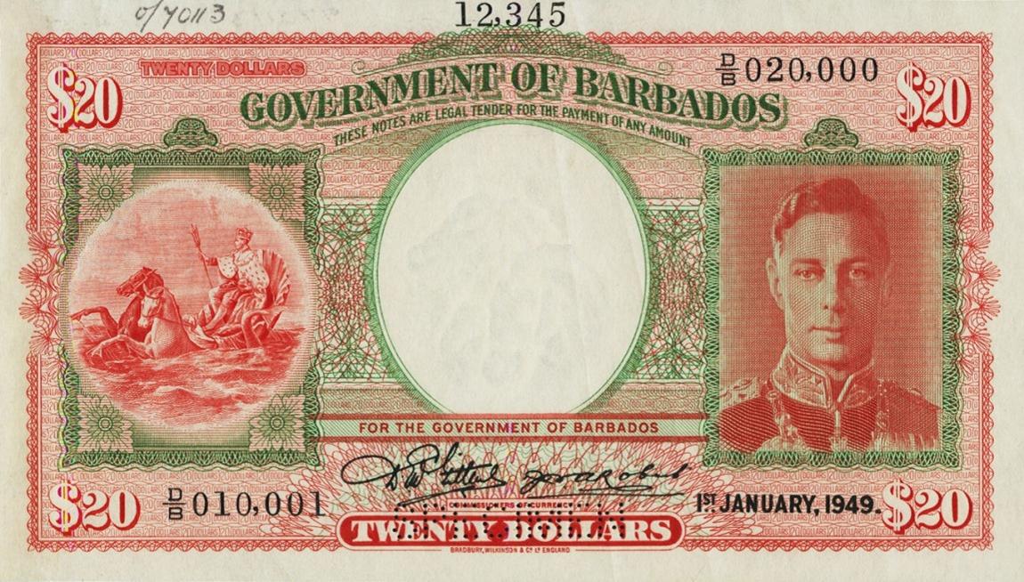 Front of Barbados p5s: 20 Dollars from 1943