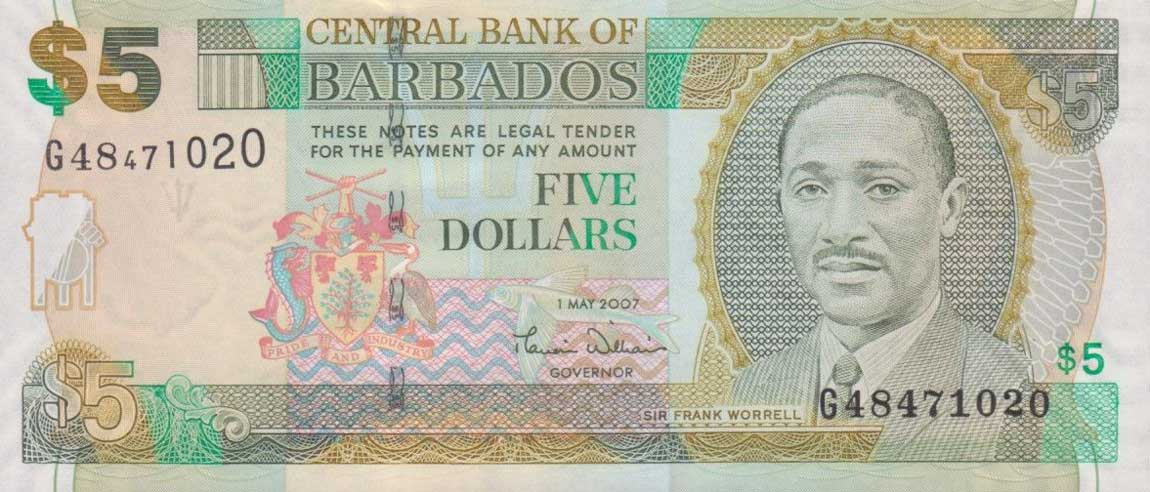 Front of Barbados p67a: 5 Dollars from 2007