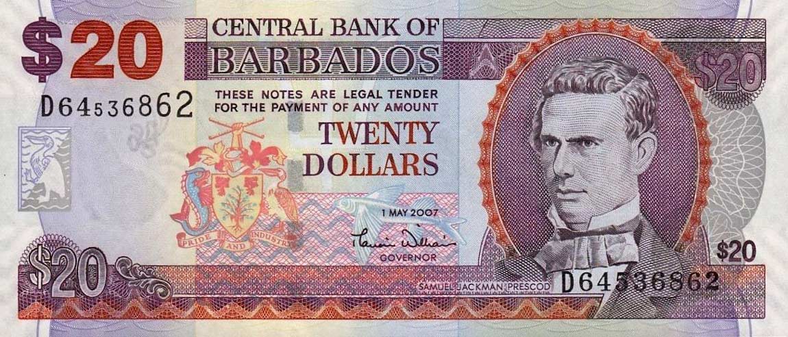 Front of Barbados p69a: 20 Dollars from 2007