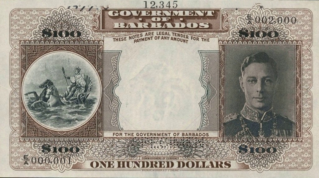 Front of Barbados p6s: 100 Dollars from 1943