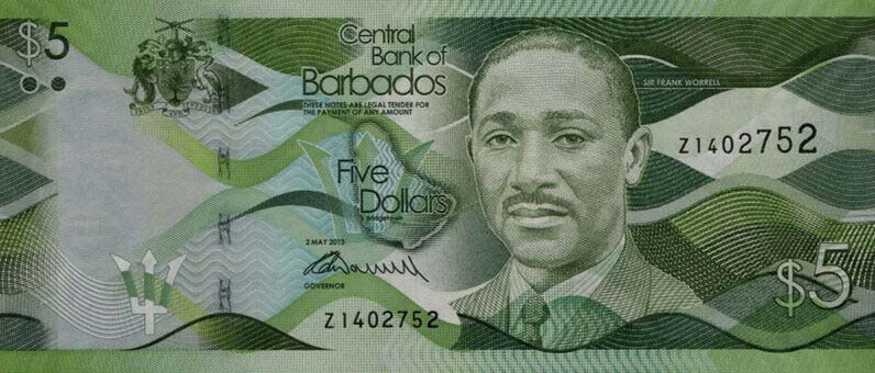 Front of Barbados p74r: 5 Dollars from 2013