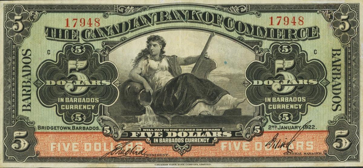 Front of Barbados pS121a: 5 Dollars from 1922