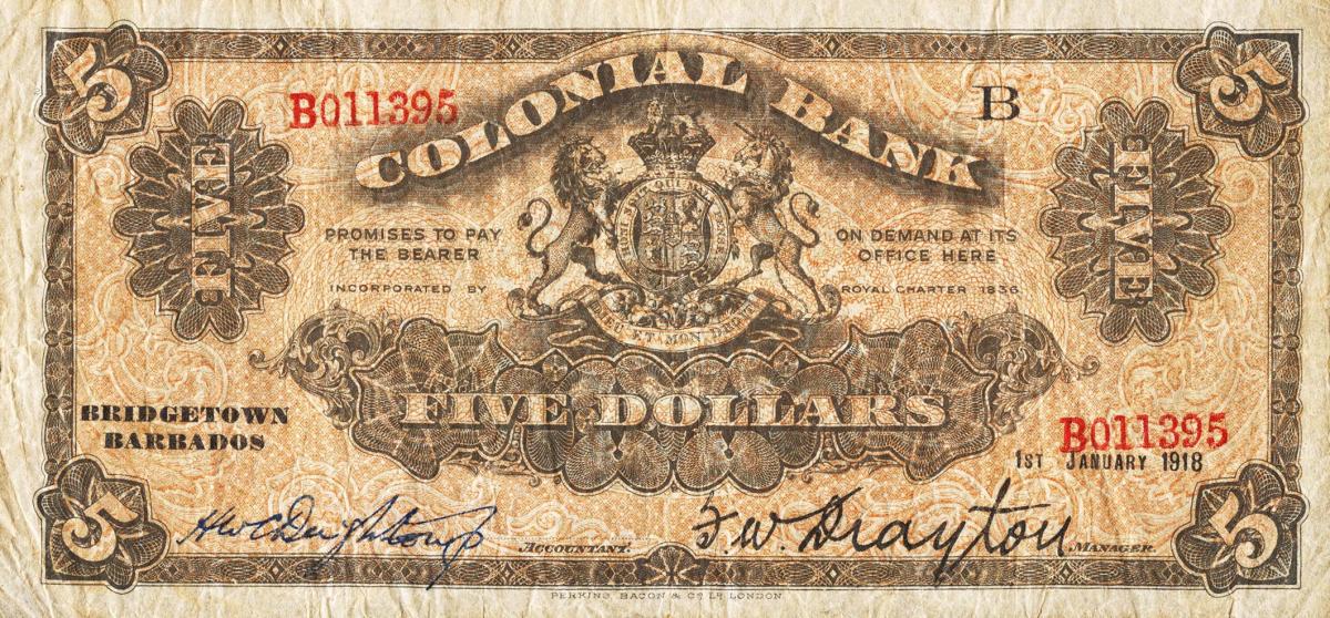 Front of Barbados pS151a: 5 Dollars from 1918