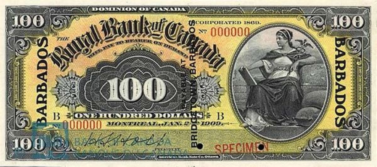 Front of Barbados pS163s: 100 Dollars from 1909