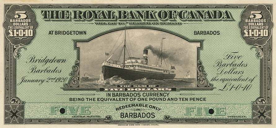 Front of Barbados pS171p: 5 Dollars from 1920