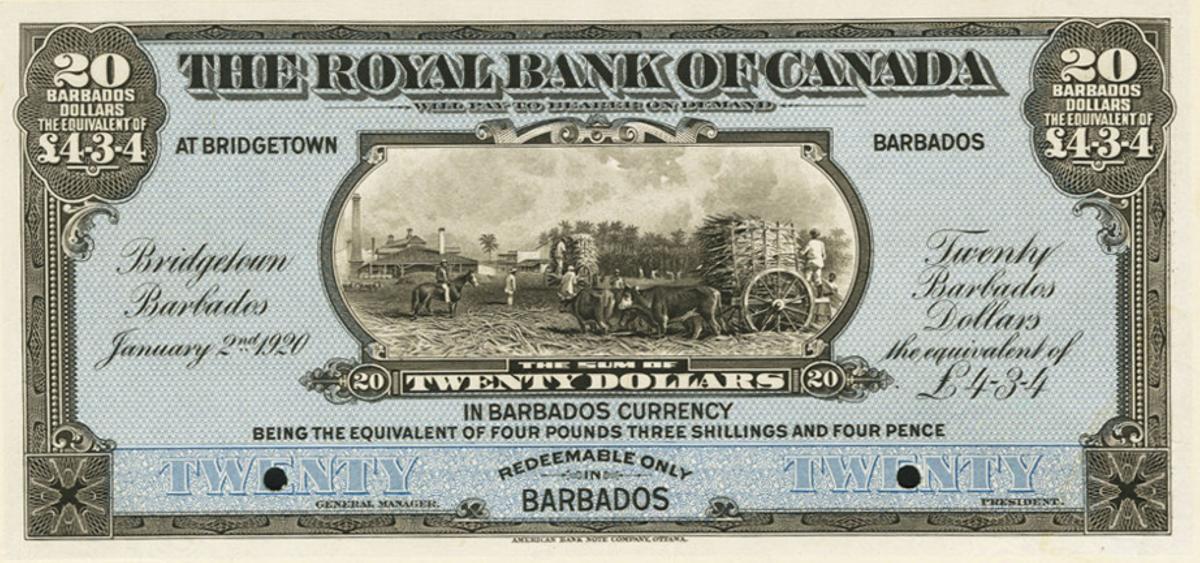 Front of Barbados pS172: 20 Dollars from 1920