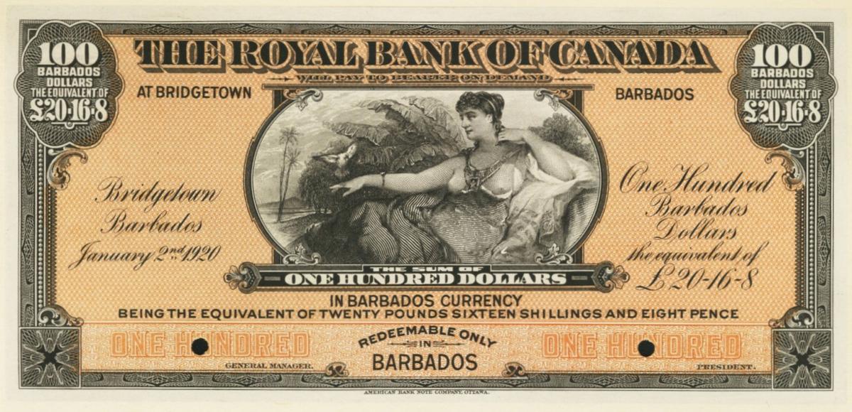 Front of Barbados pS173: 100 Dollars from 1920