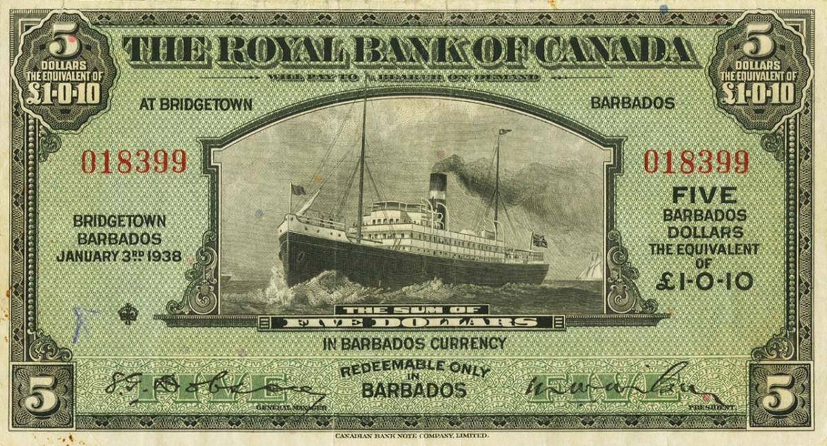 Front of Barbados pS181: 5 Dollars from 1938