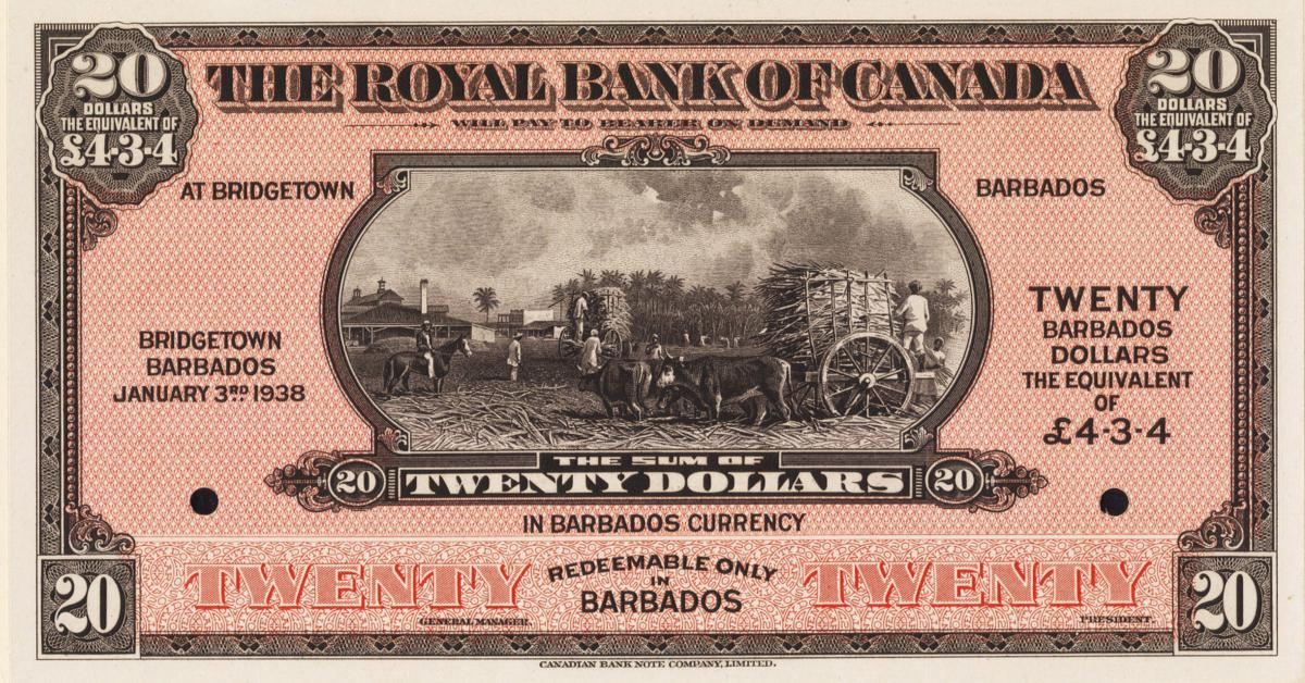 Front of Barbados pS182: 20 Dollars from 1938