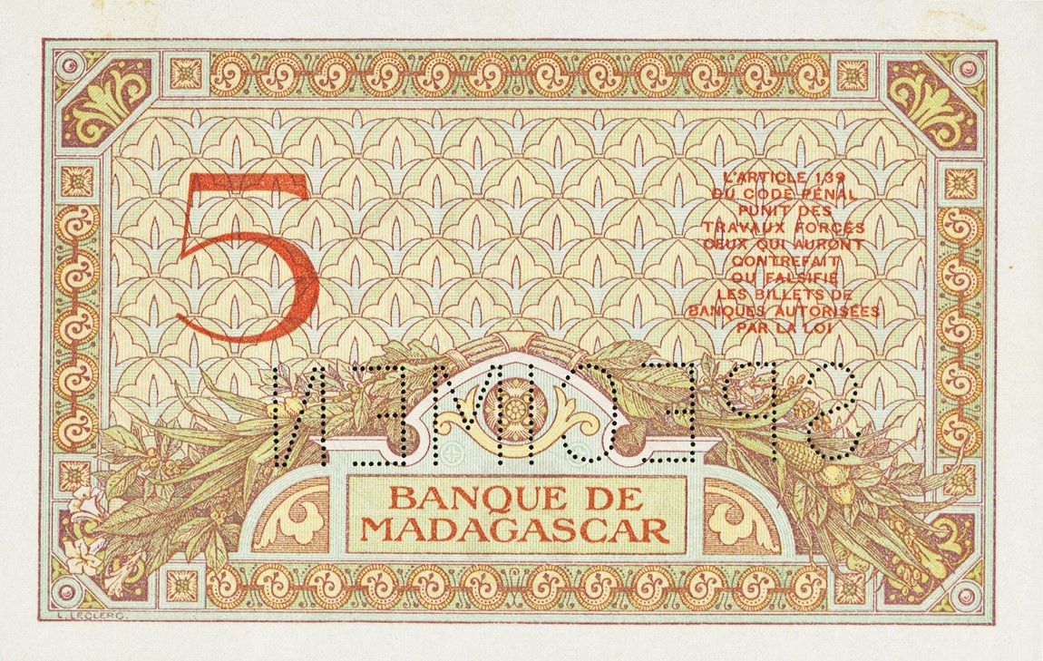 Back of Madagascar p35s: 5 Francs from 1937